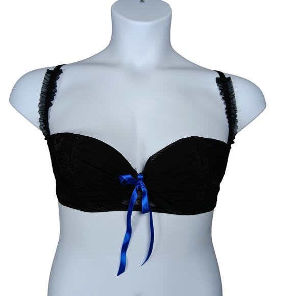 Frederick's Bra Lace and Mesh Black with Ruffled Straps and Blue Bow - Picture 1 of 7